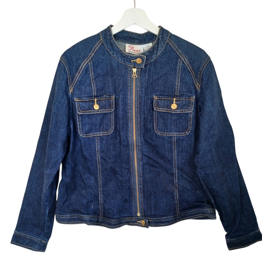 Fleur By David Rodriguez Womens Denim Jacket Blue Zip Front Moto Biker Size 14
